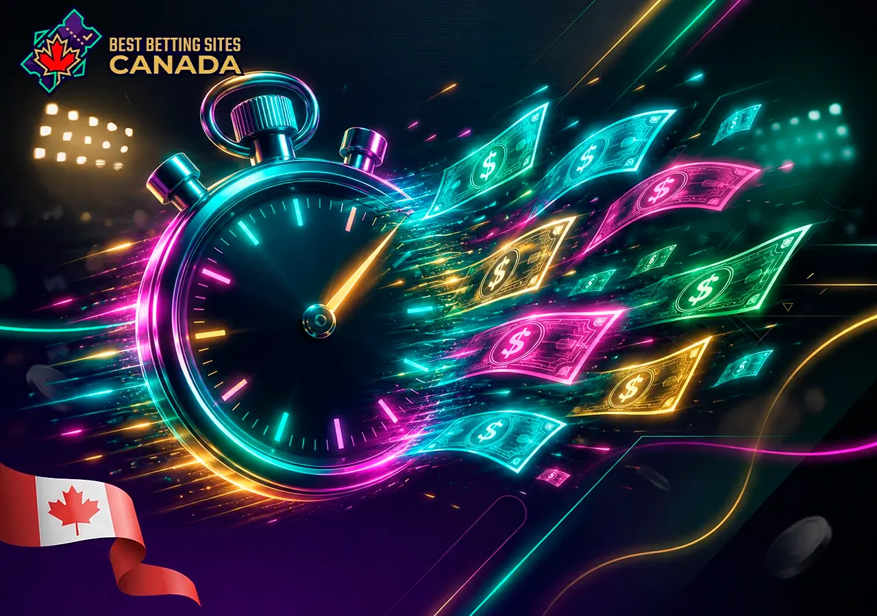 Betting sites with fast payouts in Canada, a stopwatch, and flying digital dollars.