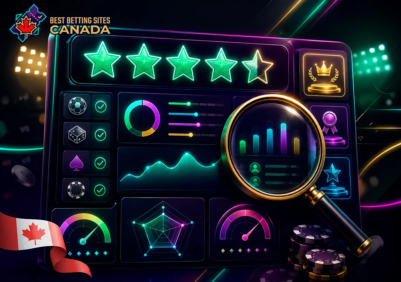 Sports betting site evaluation process, a magnifying glass, and a five-star rating.