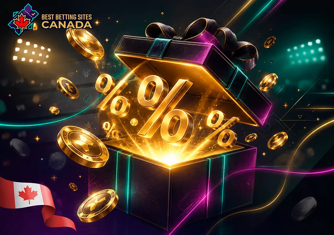 Canadian bookmakers with the best bonuses, a gift box with gold percentage signs.